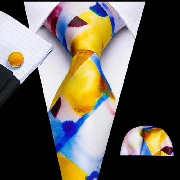 NWT Barry Wang 3pcs Tie set, 100 % silk necktie,cufflinks ,pocket square - Picture 9 of 16